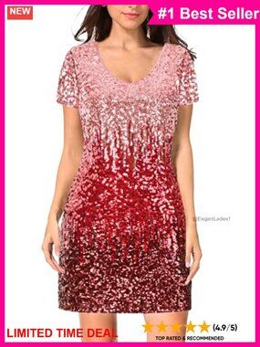 Sequin Glitter Short Sleeve V Neck Mini Party Bodycon Dress